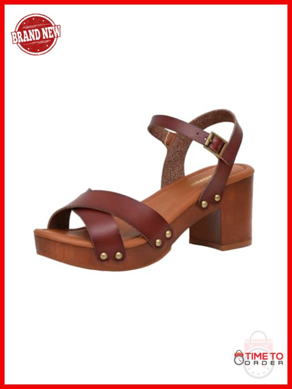 Faux Wood Block Heel Platform Sandal Ankle Strap Open Toe Women
